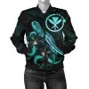 Hawaii Polynesian Women's Bomber Jacket - Turtle With Blooming Hibiscus Turquoise - BN22 Bomber Jacket